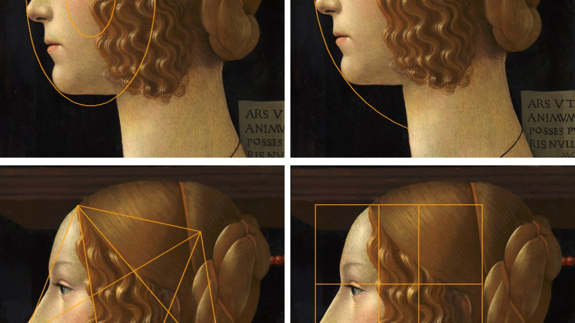 Aplicación del número áureo en el rostro de Giovanna en el que observamos cómo encaja perfectamente con el resultado de la proporción numérica