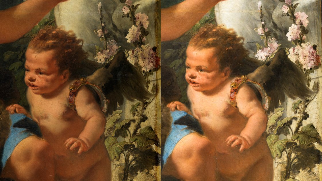 Detalle comparativo de antes y después de la restauración de “La muerte de Jacinto” de Giambattista Tiepolo