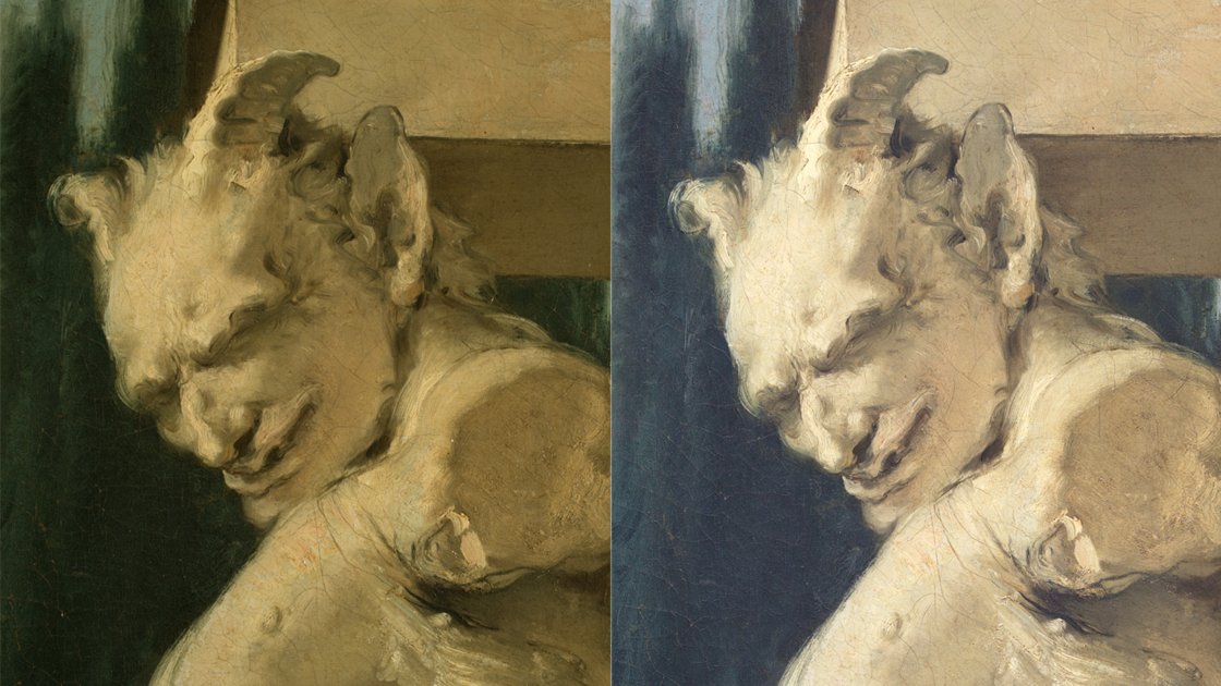 Detalle comparativo de antes y después de la restauración de "La muerte de Jacinto" de Giambattista Tiepolo