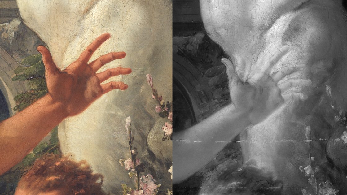 Detalle comparativo de la imagen visible y la imagen infrarroja de "La muerte de Jacinto" de Giambattista Tiepolo
