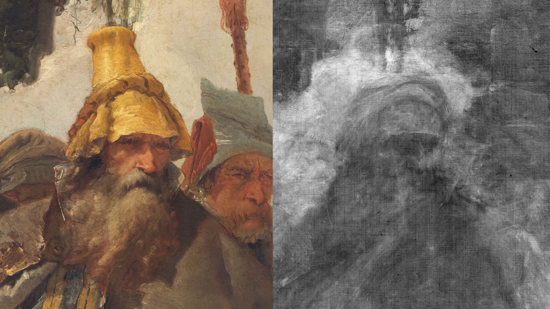 Detalle comparativo de imagen visible y radiografía de "La muerte de Jacinto" de Giambattista Tiepolo