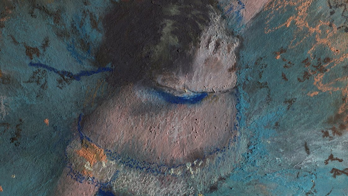 Detalle de la imagen rasante de la obra de Degas "Bailarina basculando (Bailarina verde)"
