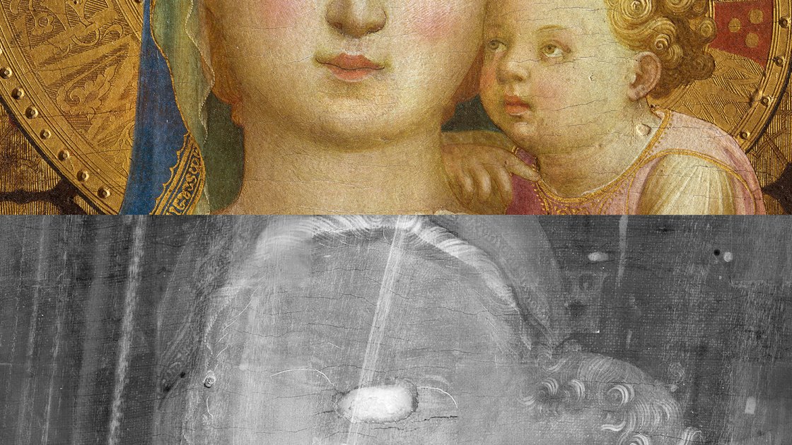 Comparativa de la imagen visible y la imagen radiográfica de la "Virgen de la Humildad", de Fra Angelico