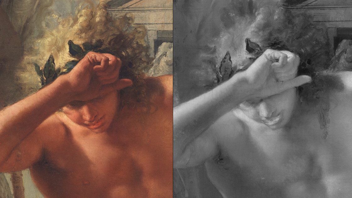 Detalle comparativo de la imagen visible y la reflectografía infrarroja de "La muerte de Jacinto" de Tiepolo