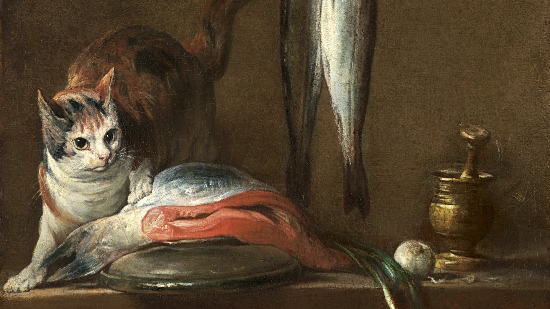 Bodegón con gato y pescado.. Jean-Baptiste- Siméon Chardin