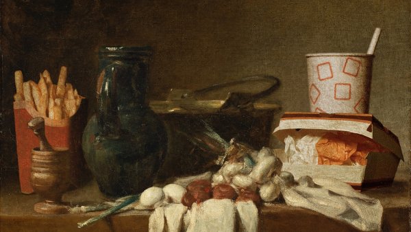 Jean Baptiste Siméon Chardin. Bodegón con almirez, cántaro y caldero de cobre