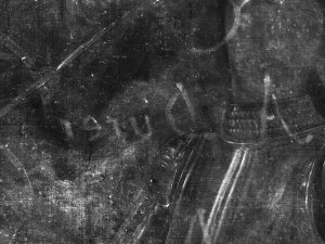 Detail of the X-ray image showing the inscription, hidden by the layers of paint on Carpaccio's painting Detail of the X-ray image showing the inscription, hidden by the layers of paint on Carpaccio's painting