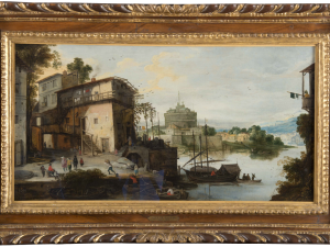 Master of the Monogram IDM (Circle of Joos de Momper?). View of a River Port with the Castel Sant'Angelo