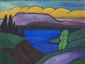 Gabriele Münter, 'El lago azul'. 1954. Óleo sobre lienzo, 50 × 65 cm  Lentos Kunstmuseum Linz © LENTOS Kunstmuseum Linz © Gabriele Münter, VEGAP, Madrid