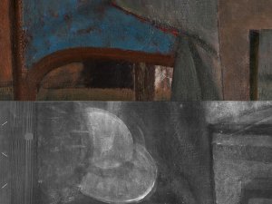 Detalle comparativo de la imagen visible y la radiografía de la obra de Balthus "La partida de naipes"