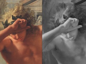 Detalle comparativo de la imagen visible y la reflectografía infrarroja de "La muerte de Jacinto" de Tiepolo