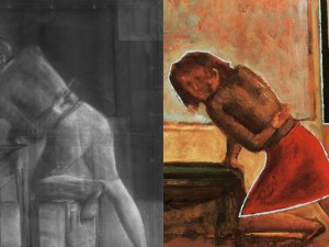 Comparative detail of the visible image and the X-ray of Balthus' painting “The Game of Cards” Comparative detail of the visible image and the X-ray of Balthus' painting “The Game of Cards”