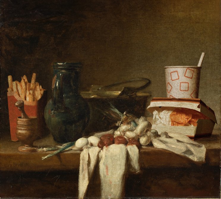 Jean Baptiste Siméon Chardin. Bodegón con almirez, cántaro y caldero de cobre