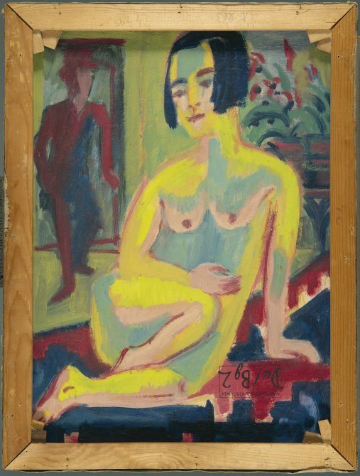 Desnudo sentado con pierna doblada (anverso: Desnudo de rodillas ante un biombo rojo). Ernst Ludwig Kirchner