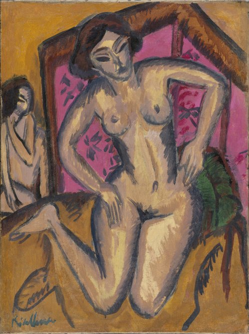 Desnudo de rodillas ante un biombo rojo (reverso: Desnudo sentado con pierna doblada). Ernst Ludwig Kirchner