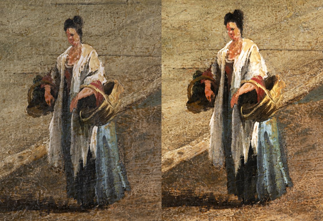 Detalle comparativo de la obra de “La plaza de San Marco en Venecia” de Canaletto, antes y después de la restauración