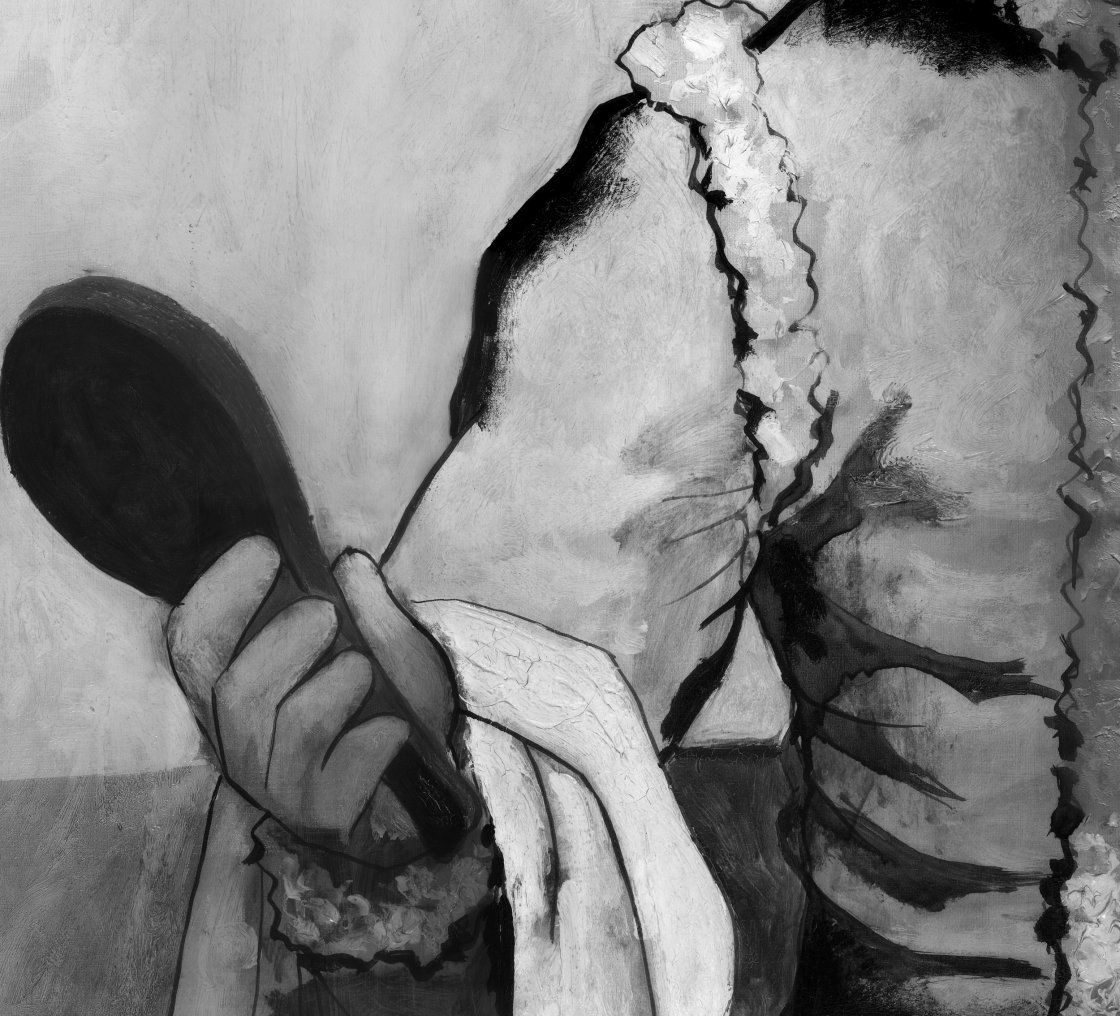 Detalle de la imagen infrarroja de la obra Arlequín con espejo, de Picasso