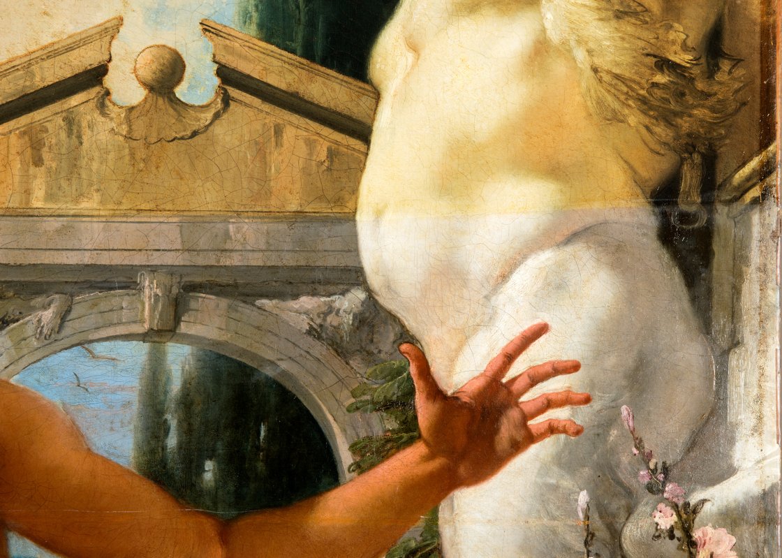 Detalle del proceso de limpieza del barniz de “La muerte de Jacinto” de Giambattista Tiepolo