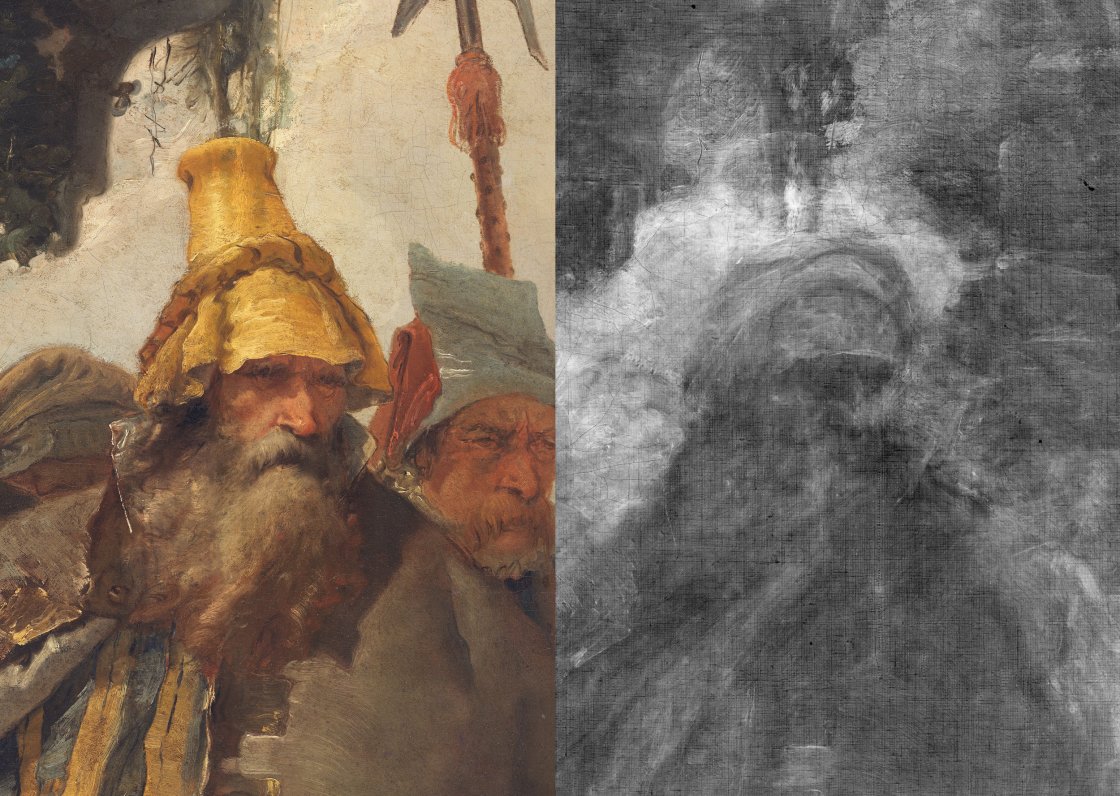 Comparative detail of visible image and X-ray of "The Death of Hyacinthus"  by Giambattista Tiepolo.