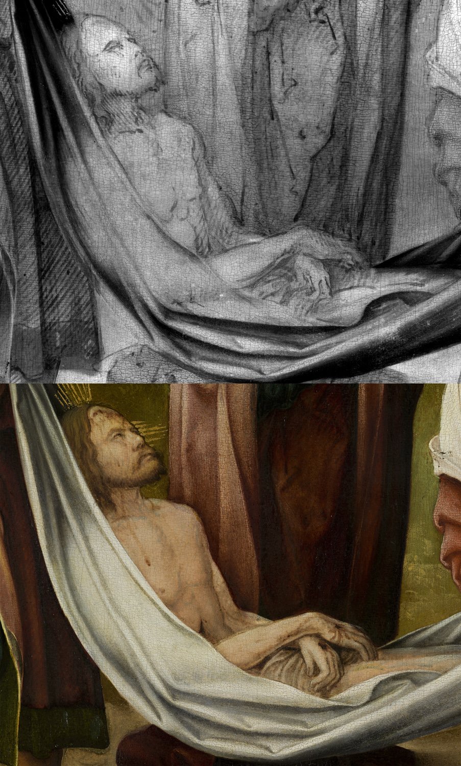 Detalle comparativo de reflectografía infrarroja e imagen visible de la obra de Burgkmair "El Santo entierro"