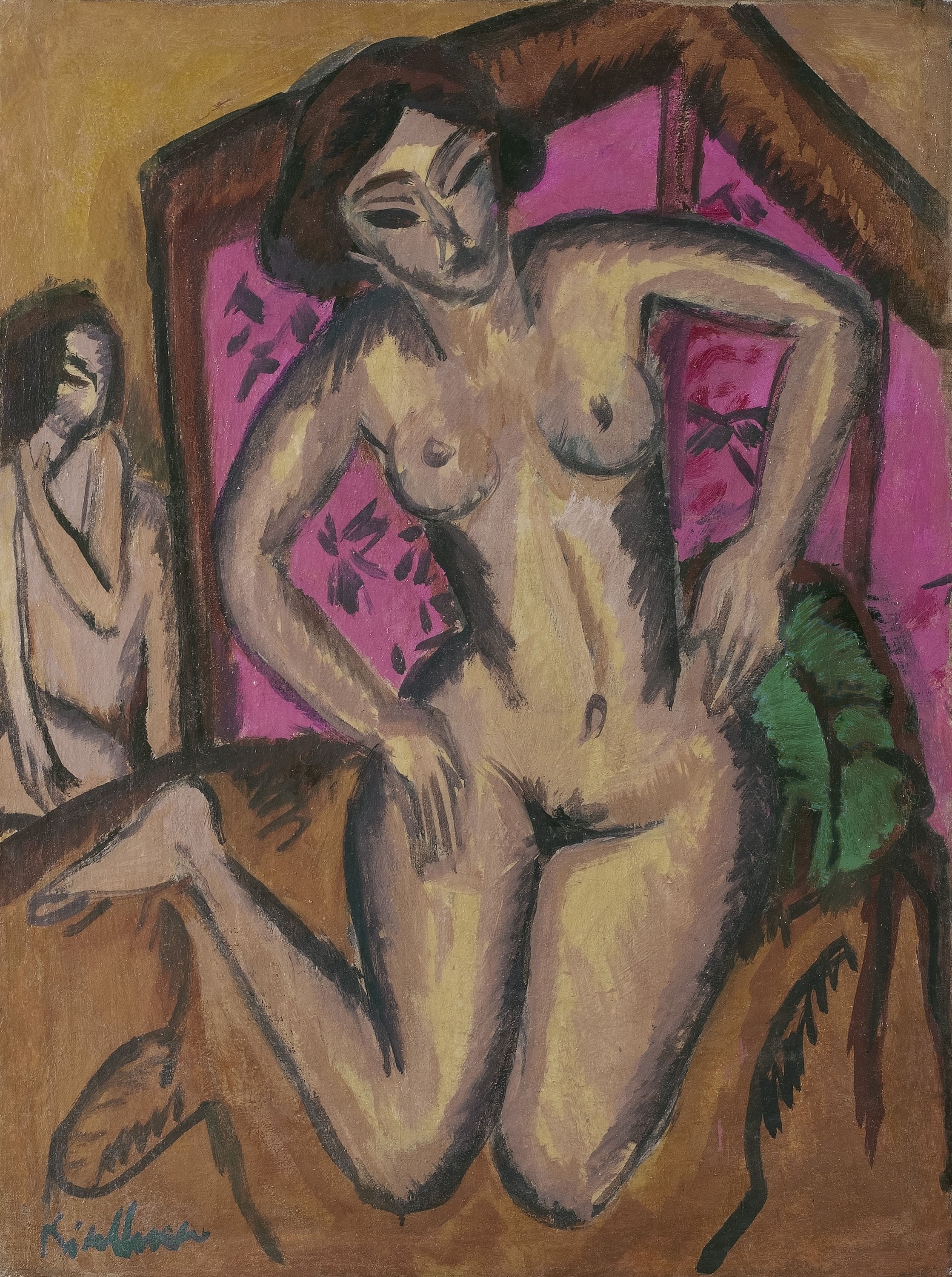 Kneeling Nude in front of Red Screen (verso: Seated Nude with Bent Leg  1921-1923) - Kirchner, Ernst Ludwig. Museo Nacional Thyssen-Bornemisza