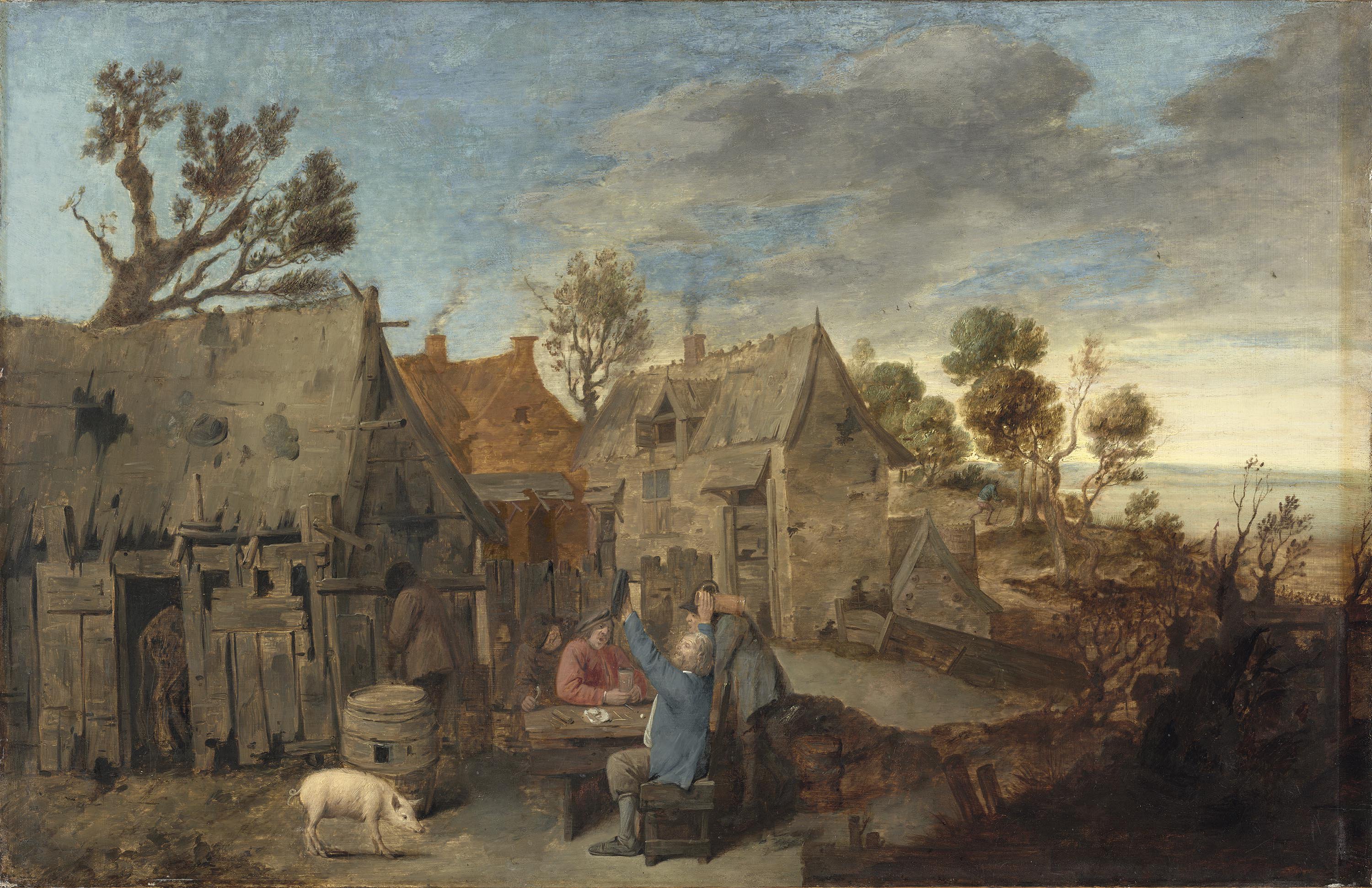 Escena aldeana con hombres bebiendo.  Adriaen (atribuido) Brouwer