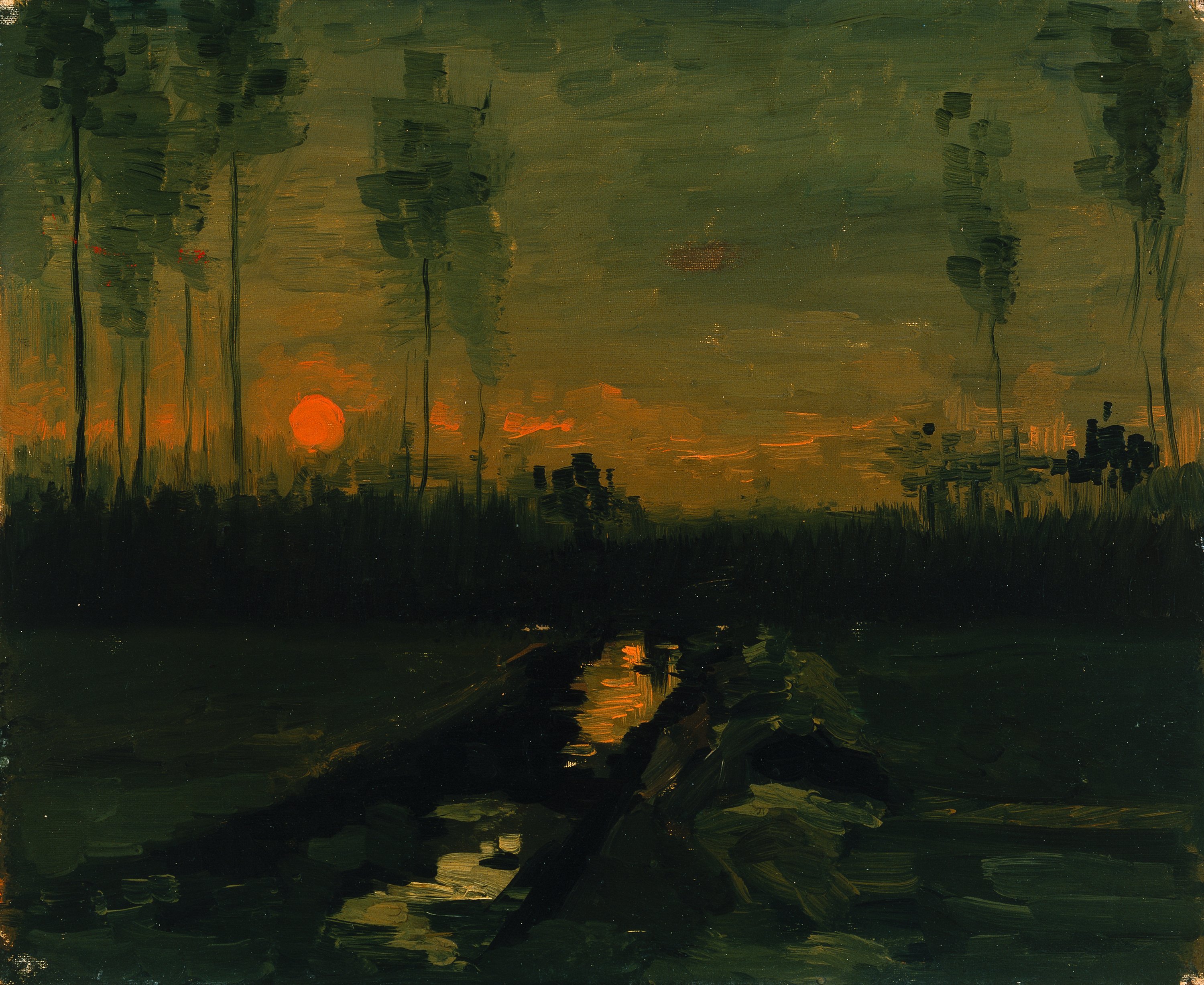 Pintura al óleo sobre lienzo puesta de sol por la tarde. el arte