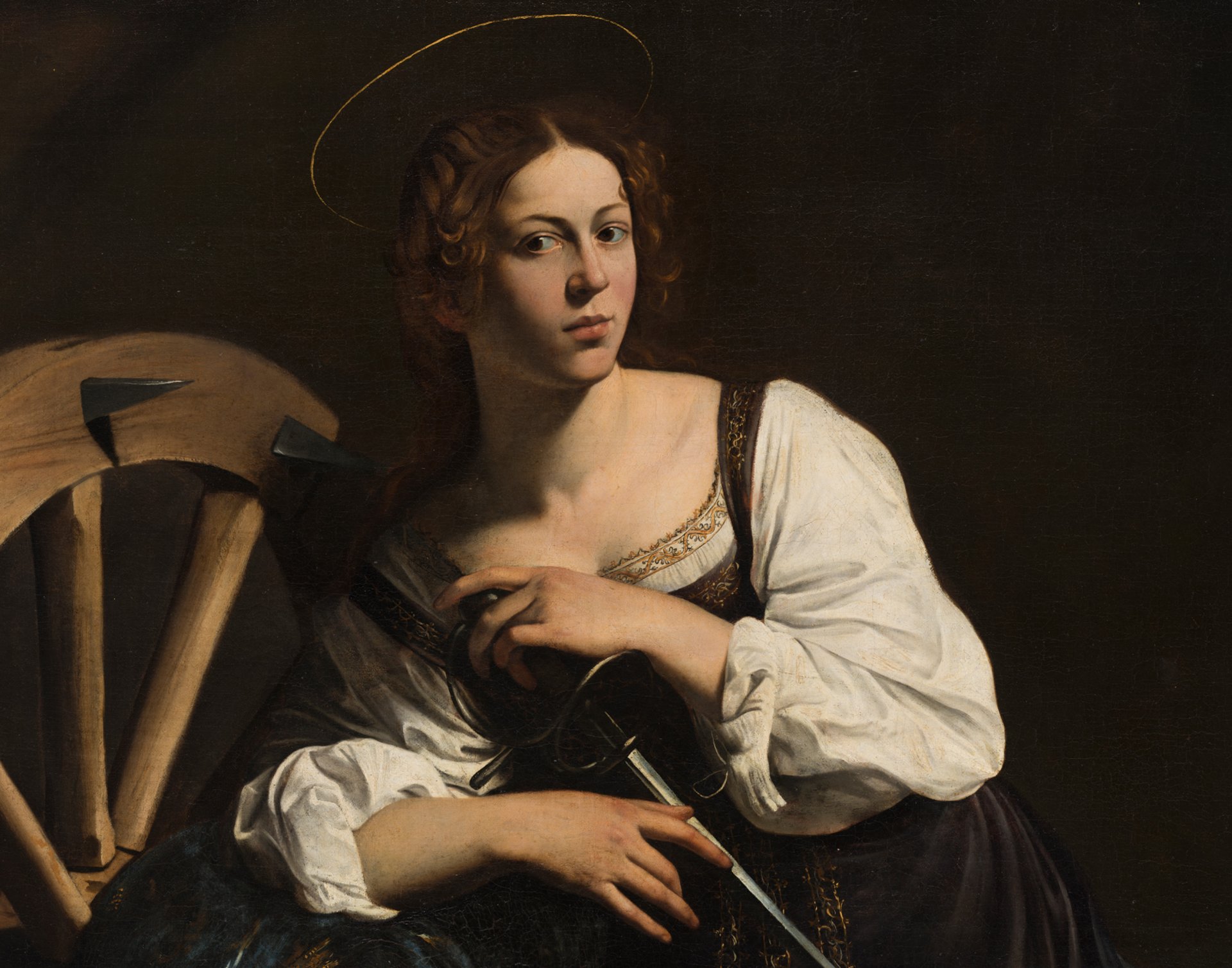 Detail of the painting "Saint Catherine of Alexandria" by Caravaggio, before restoration.