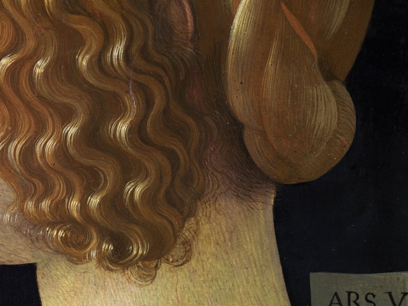 Detail of the pictorial technique in the treatment of the hair of the painting “Portrait of Giovanna Tornabuoni”, by Ghirlandaio