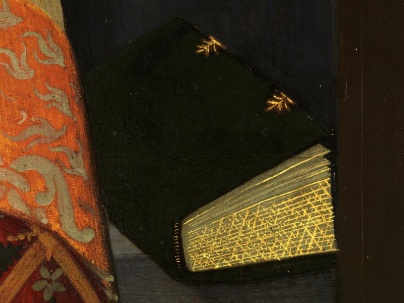 Detail in macro photography of the painting “Portrait of Giovanna Tornabuoni”, by Ghirlandaio