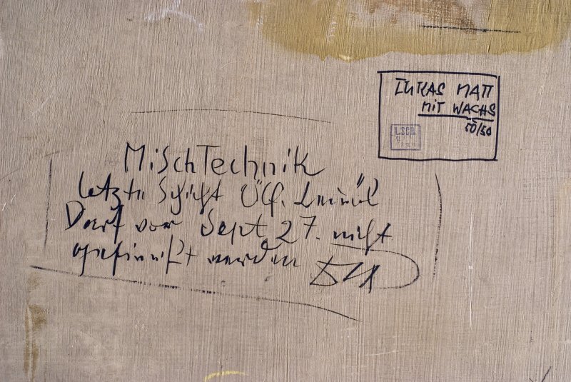 Detail of the inscription on the back of Dix's painting, "Hugo Erfurth with dog".