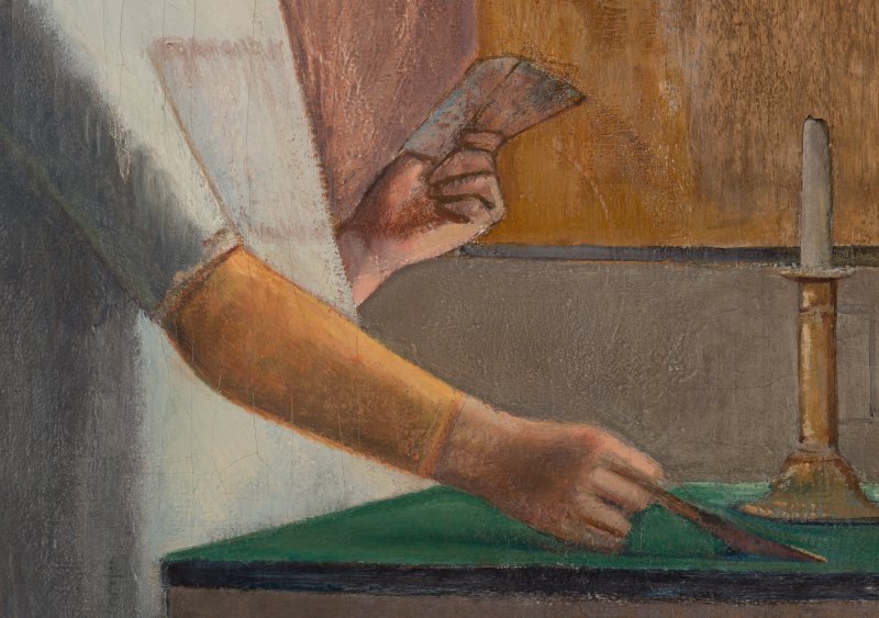 Detail of the visible image of the female figure in Balthus' painting, "The Game of Cards", 1948- 1950