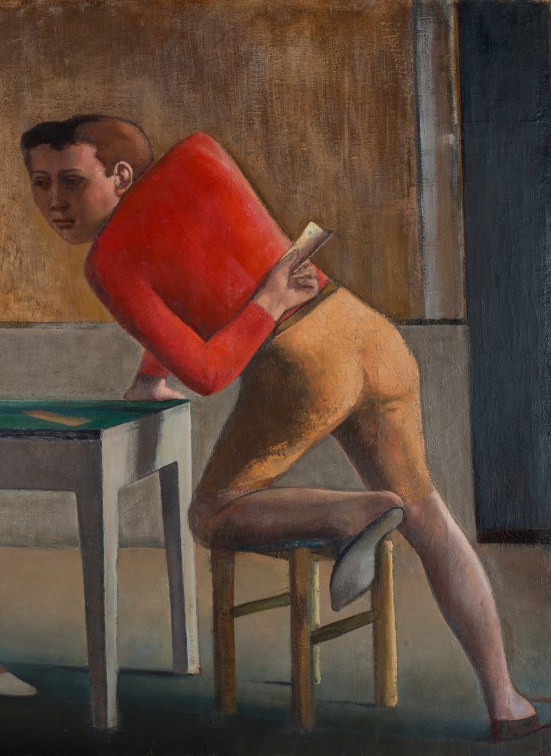 Detalle de la imagen visible de la figura masculina de la obra de Balthus, “La partida de naipes”, 1948- 1950