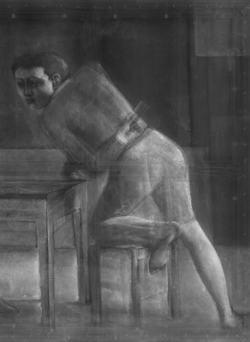 Detail of the X-ray of the male figure in Balthus' painting, "The Card Game", 1948- 1950.