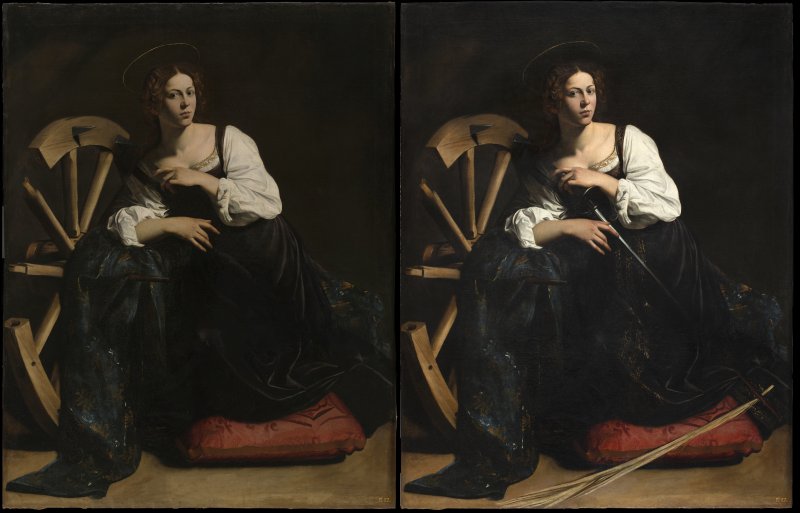 Comparative before and after the restoration of Caravaggio's "Saint Catherine of Alexandria"