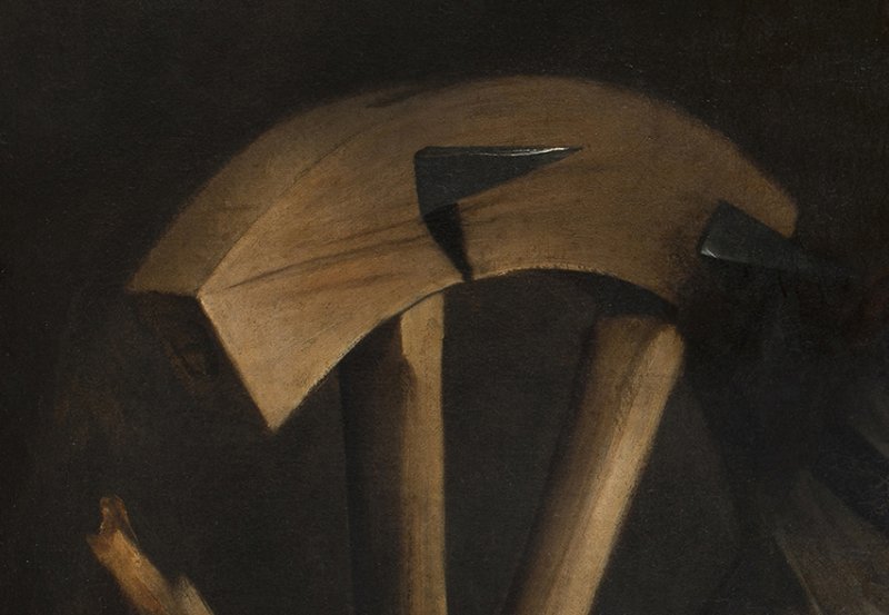 Detail of the visible image of the painting "Saint Catherine of Alexandria" by Caravaggio.
