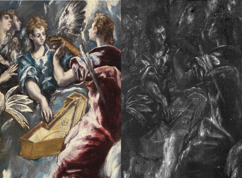 Comparative detail with the X-ray of the painting "The Annunciation" 1596-1600, by El Greco