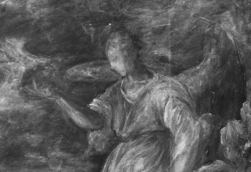 Detail of the Archangel Gabriel in the X-ray of the painting "The Annunciation" c.1576, by El Greco.