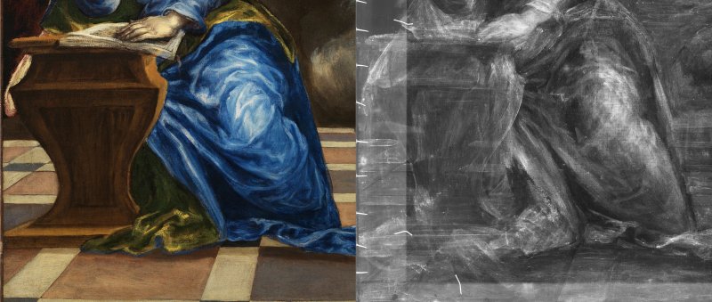 Comparative detail with the X-ray of the painting "The Annunciation" c.1576, by El Greco.