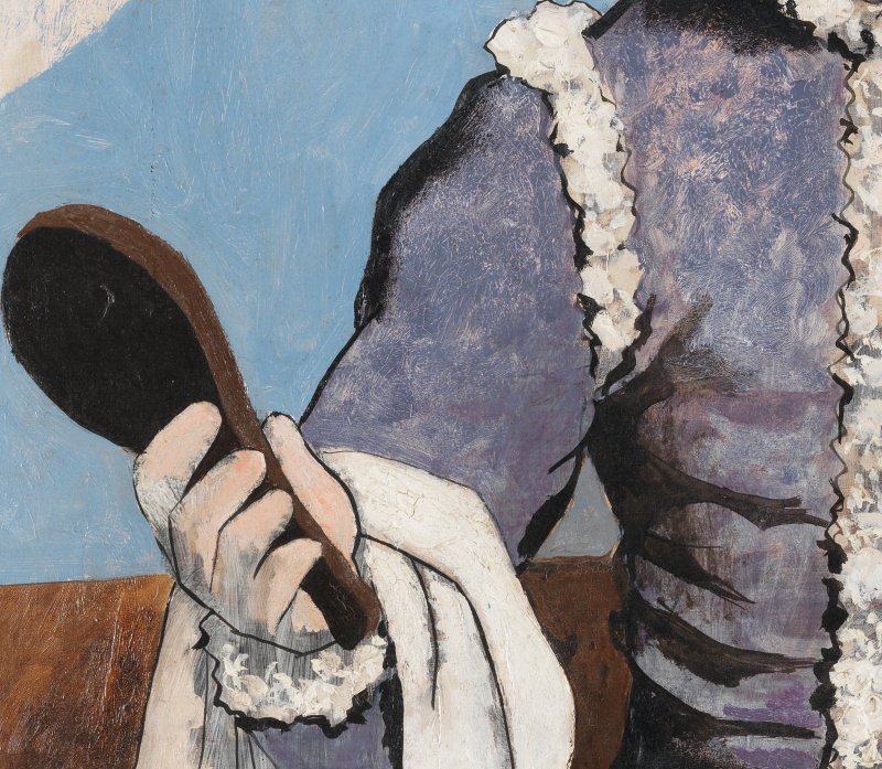 Visible detail of the painting Harlequin with Mirror, by Picasso
