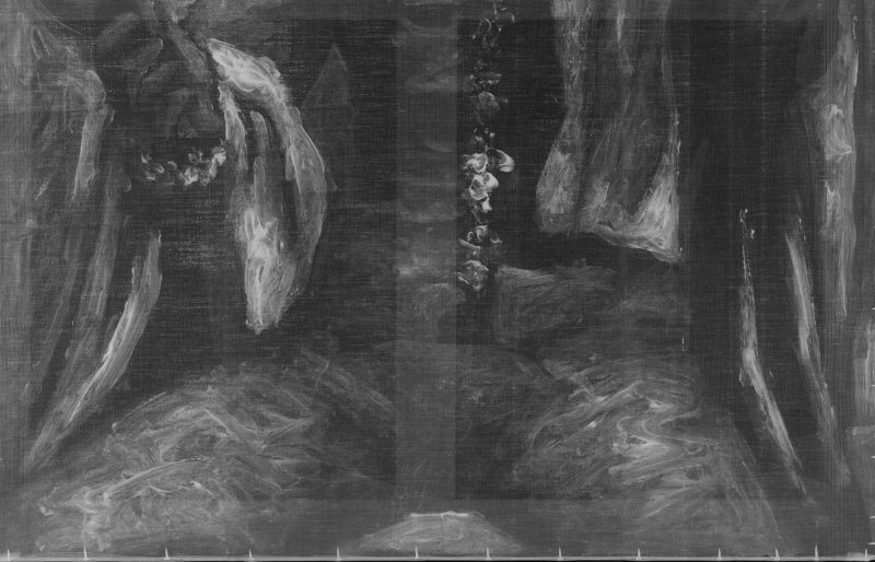 Detalle de la radiografía donde se observa una composición previa de la obra Arlequín con espejo, de Picasso