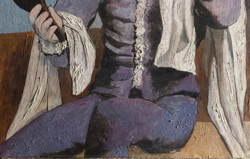 Detail of the area with the final modification of the painting Harlequin with Mirror, by Picasso