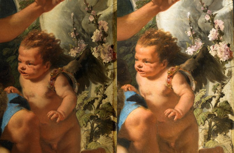 Detalle comparativo de antes y después de la restauración de “La muerte de Jacinto” de Giambattista Tiepolo