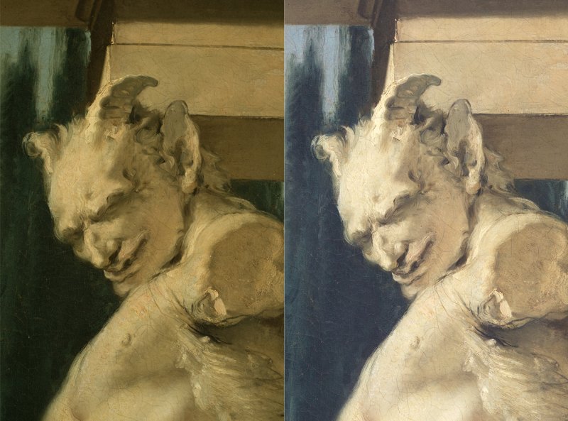 Detalle comparativo de antes y después de la restauración de "La muerte de Jacinto" de Giambattista Tiepolo