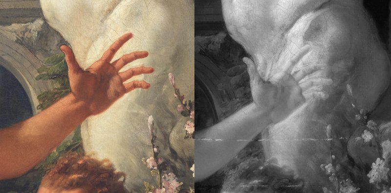 Comparative detail of the visible image and the infrared image of Giambattista Tiepolo's "The Death of Hyacinthus"