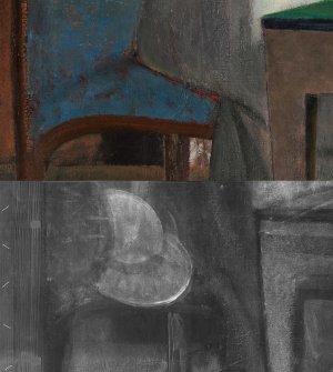 Detalle comparativo de la imagen visible y la radiografía de la obra de Balthus "La partida de naipes"