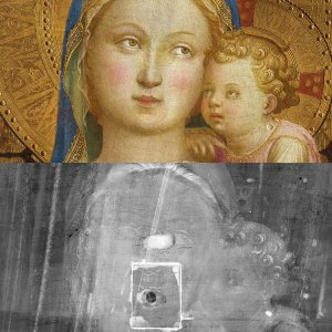 Comparativa de la imagen visible y la imagen radiográfica de la "Virgen de la Humildad", de Fra Angelico