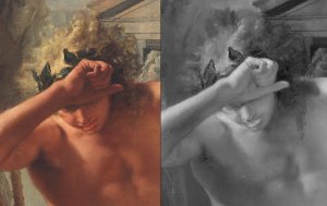 Detalle comparativo de la imagen visible y la reflectografía infrarroja de "La muerte de Jacinto" de Tiepolo