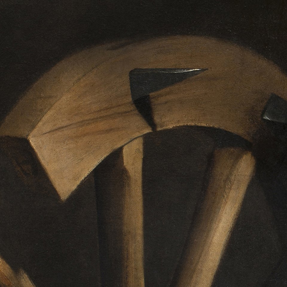 Detail of the visible image of the painting "Saint Catherine of Alexandria" by Caravaggio.