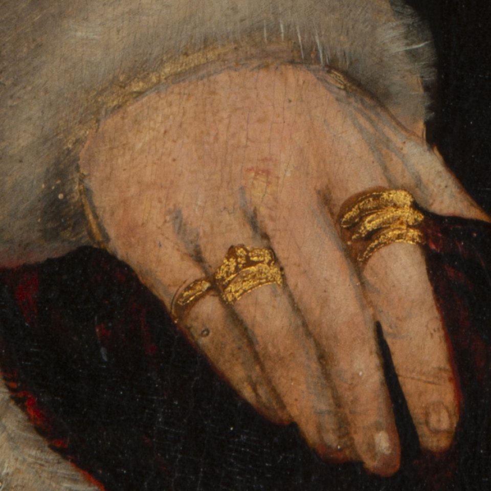 Detail of the visible image of the painting "Portrait of a woman (Anna Fugger?)", Master of the Monogram TK